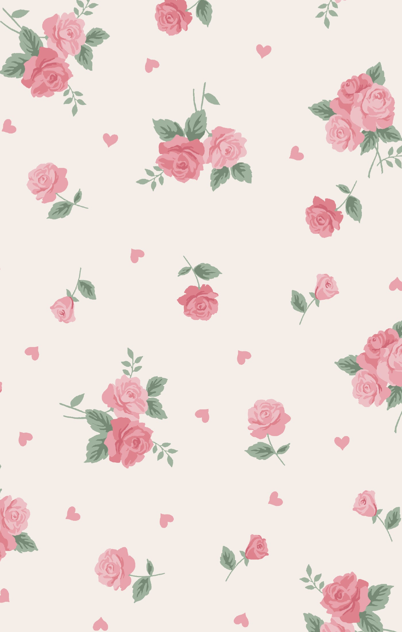 Floral pattern with pink roses and green leaves on a light background