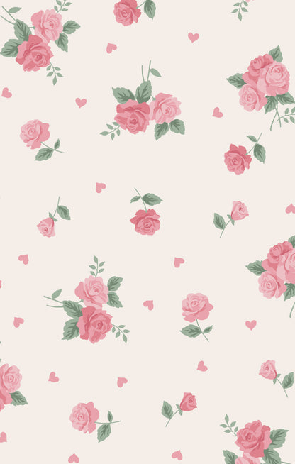 Floral pattern with pink roses and green leaves on a light background