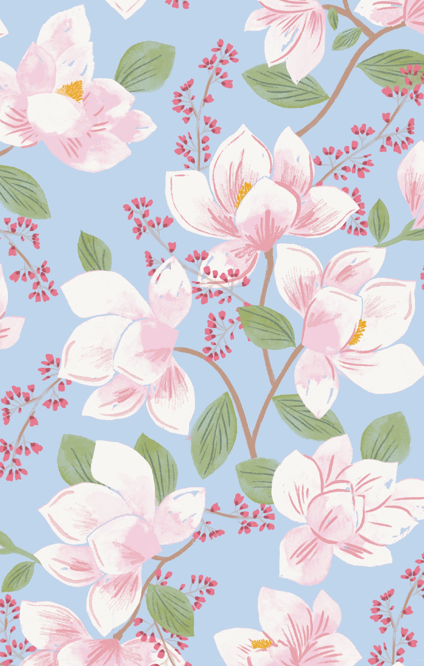 Floral pattern with pink and white flowers on a light blue background