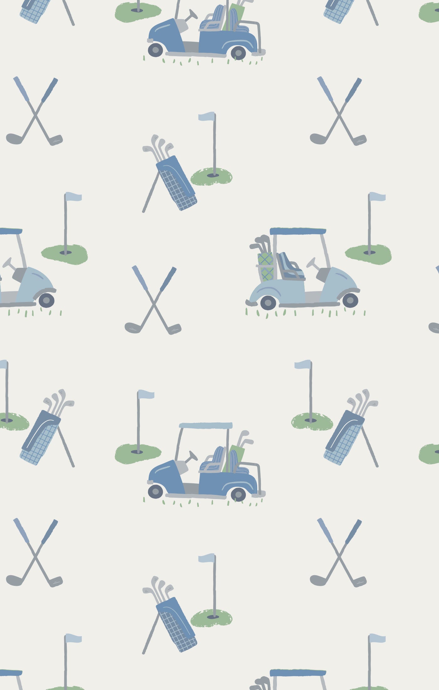 Pattern of golf carts, clubs, and bags on a light background