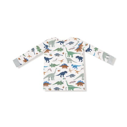 Long-sleeve shirt with dinosaur pattern on a white background