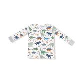 Long-sleeve shirt with dinosaur pattern on a white background