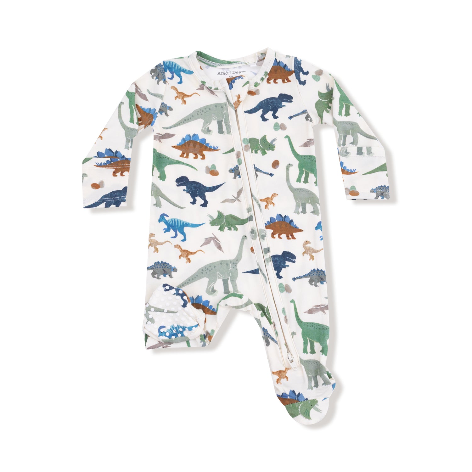 Baby onesie with dinosaur pattern on a white background