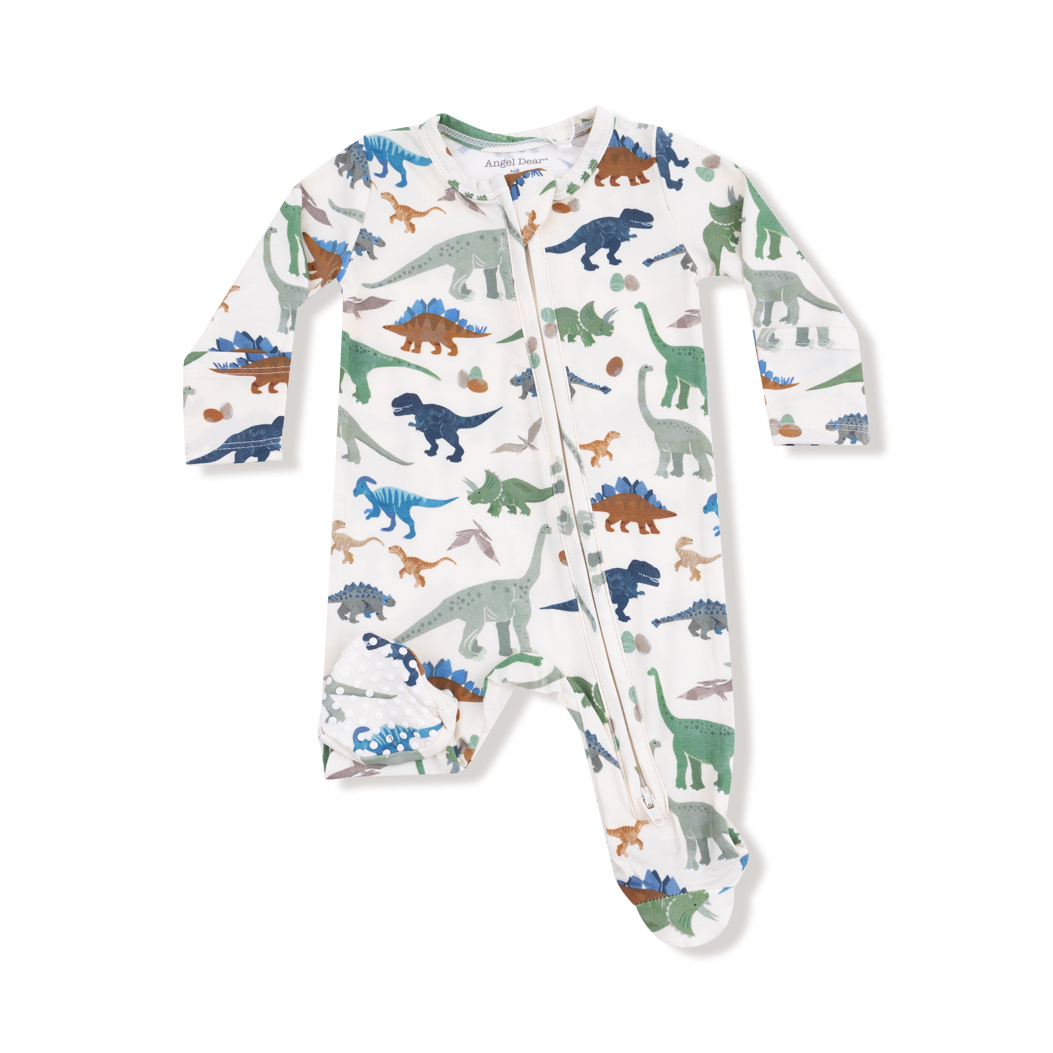 Baby onesie with dinosaur pattern on a white background