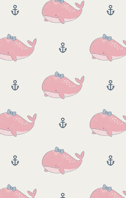 Pattern of pink whales with blue bows and anchors on a white background