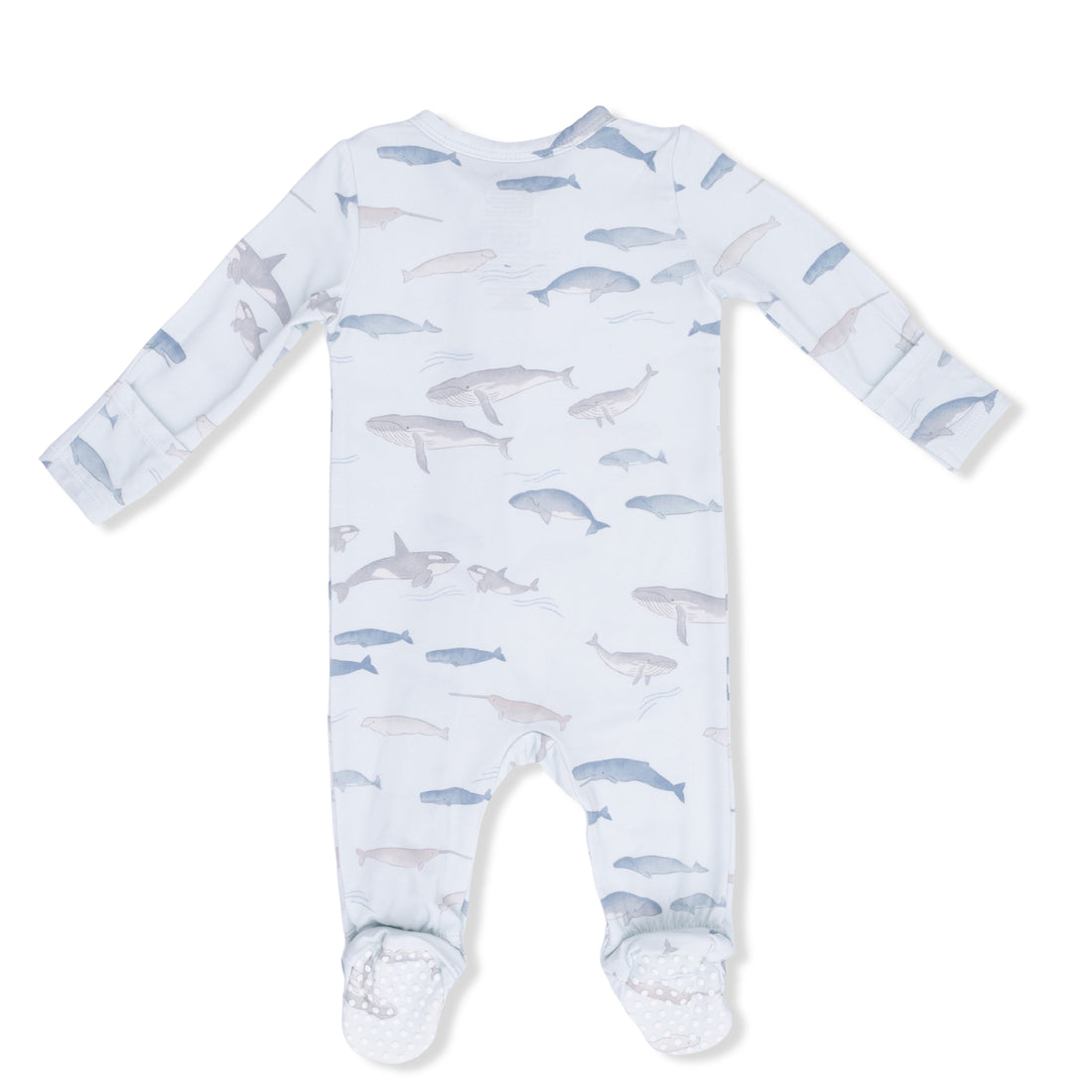Baby onesie with whale pattern on a white background
