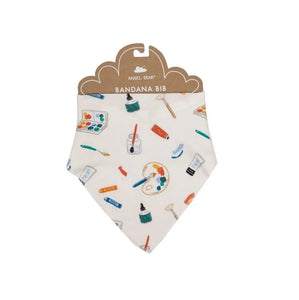 white triangle bandana bib with colorful art supplies