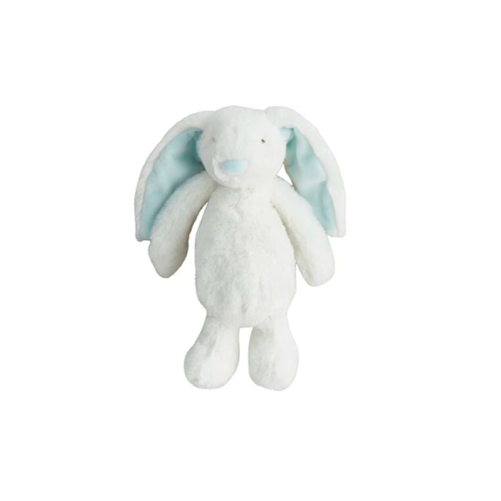 White plush bunny with light blue ears on a white background