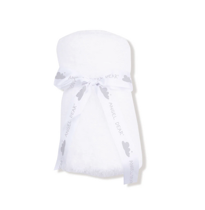 A white plush baby wrap or blanket with a matching white ribbon tied around it, featuring the brand name &