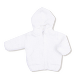 A white plush zip-up hooded jacket with long sleeves, photographed flat against a clean white background.