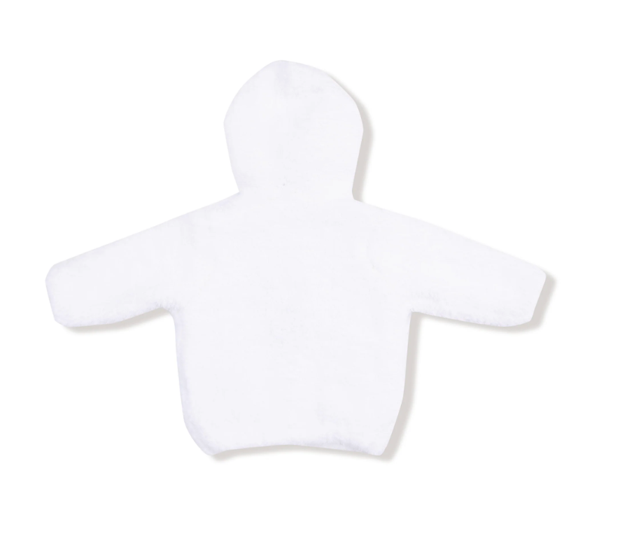 A white plush hooded figure or costume piece with long arms and a rounded body, photographed from the back on a clean white background.