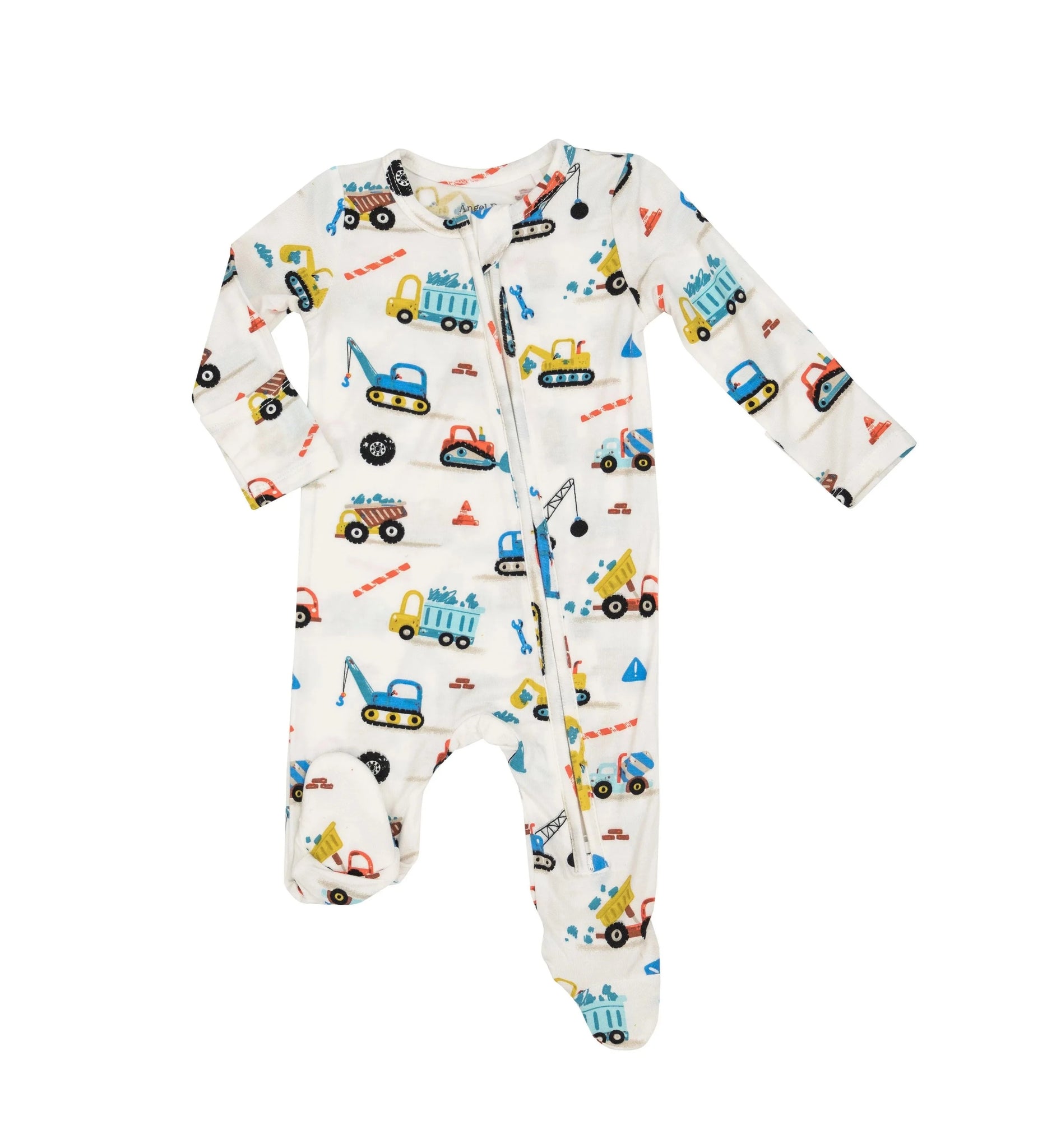 white long sleeve footie with crayon construction trucks all over