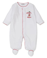 white velour footie with red trim and embroidered Baby&