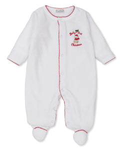 white velour footie with red trim and embroidered Baby's First Christmas design