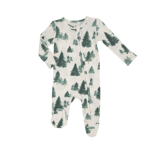 long sleeve white waffle texture footie with green trees