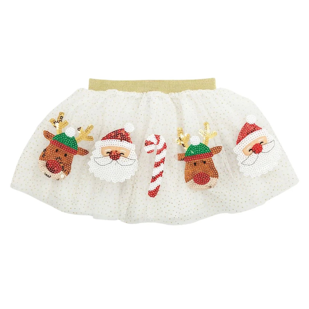 white tutu with gold waistband gold dots and reindeers, santa and candy cane sequin designs