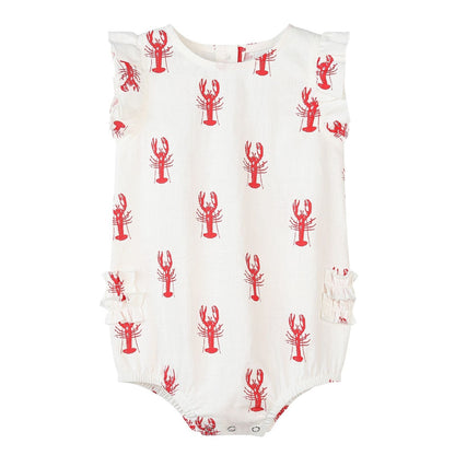 White baby romper with red lobster pattern on a white background