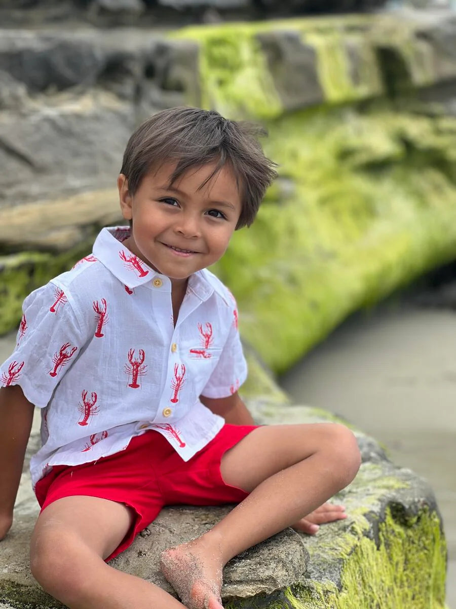 boy wearing lobster button down shirt