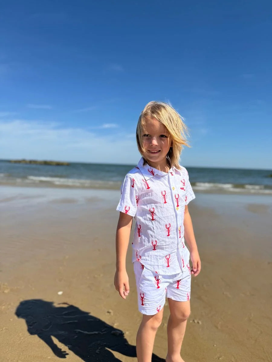 boy wearing lobster button down shirt