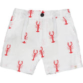 White shorts with red lobster pattern on a white background