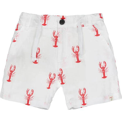 White shorts with red lobster pattern on a white background