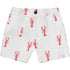 White shorts with red lobster pattern on a white background