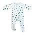 White baby onesie with green shamrock pattern on a white background