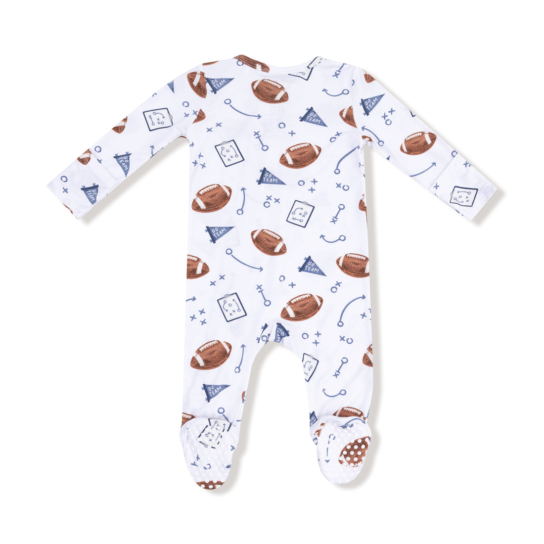 Baby onesie with football pattern on a white background