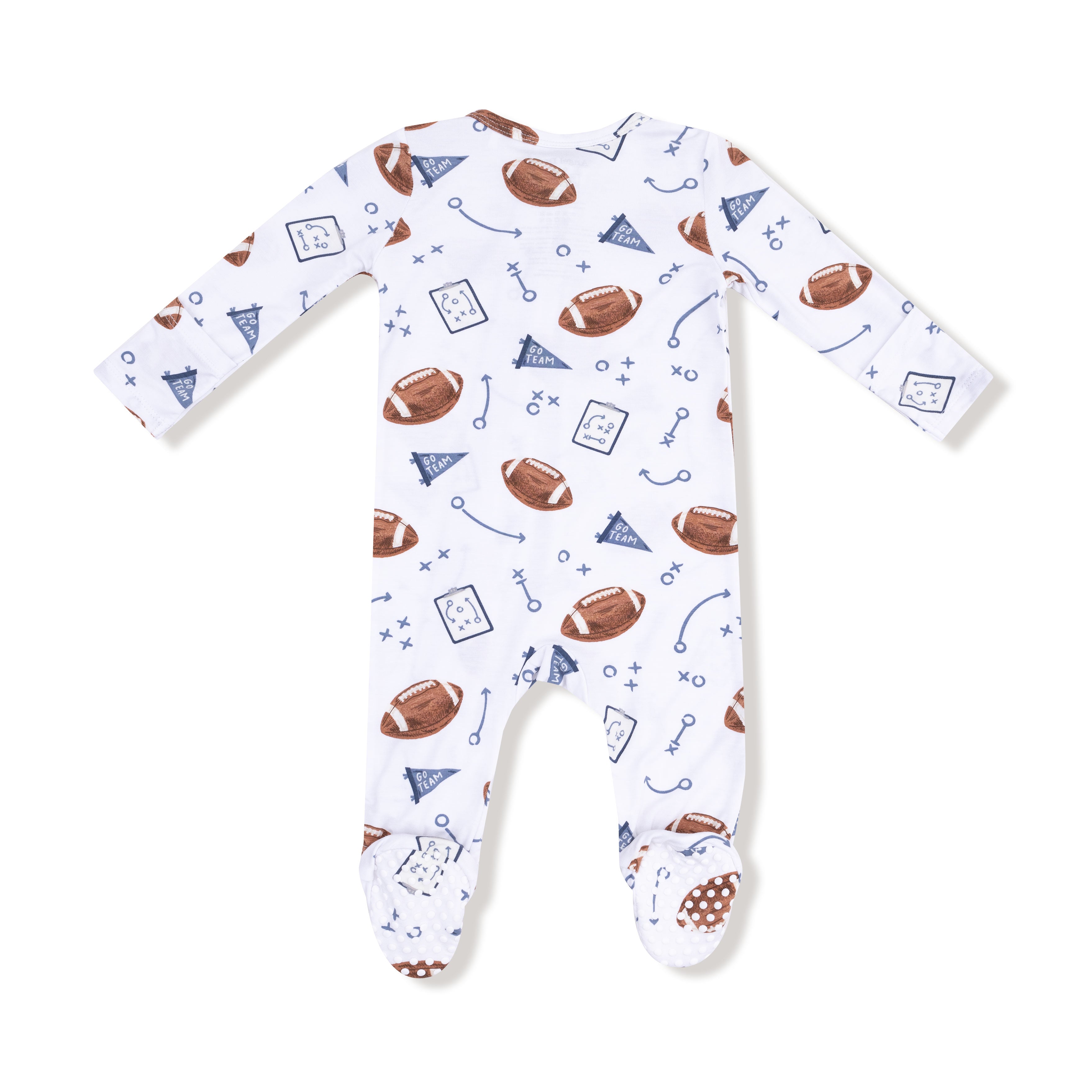 Baby onesie with football pattern on a white background