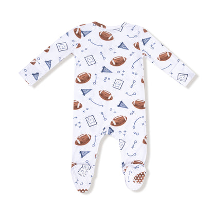 Baby onesie with football pattern on a white background