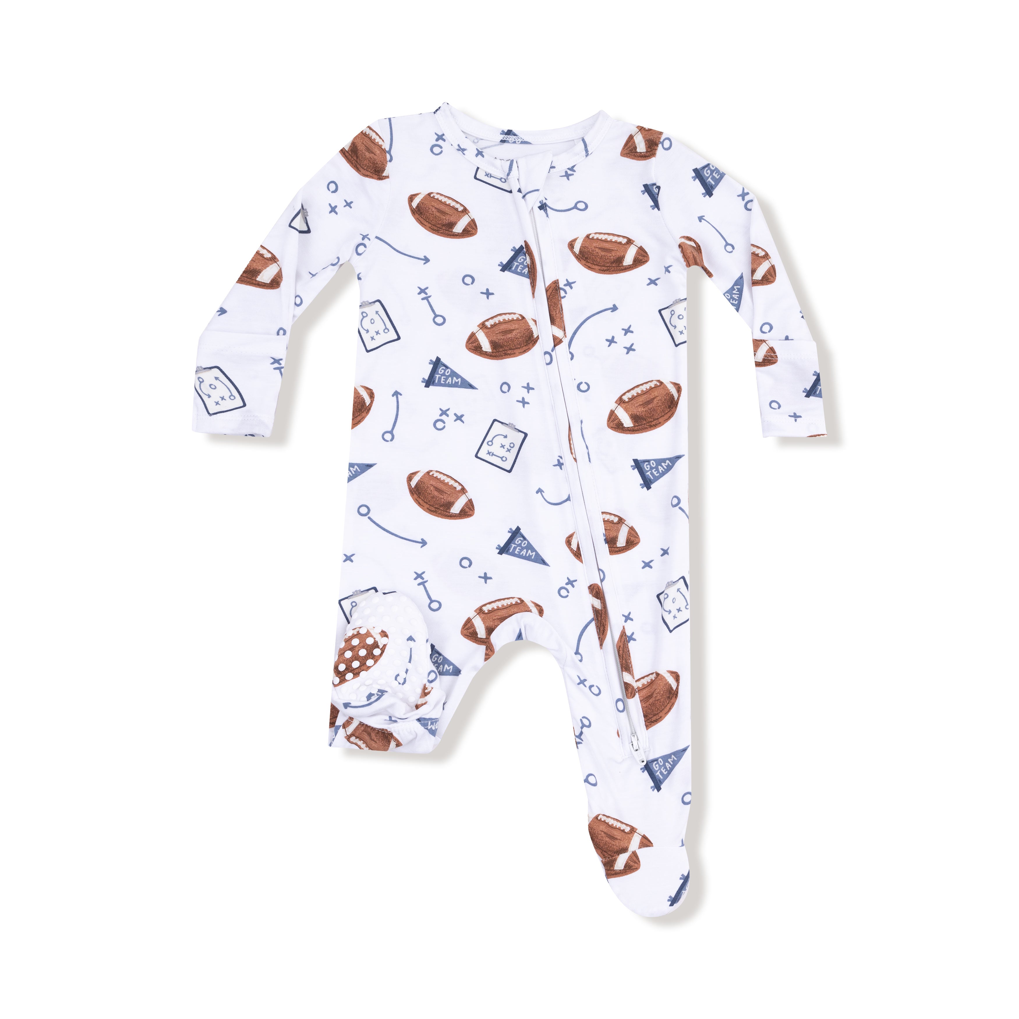 Baby onesie with football pattern on a white background
