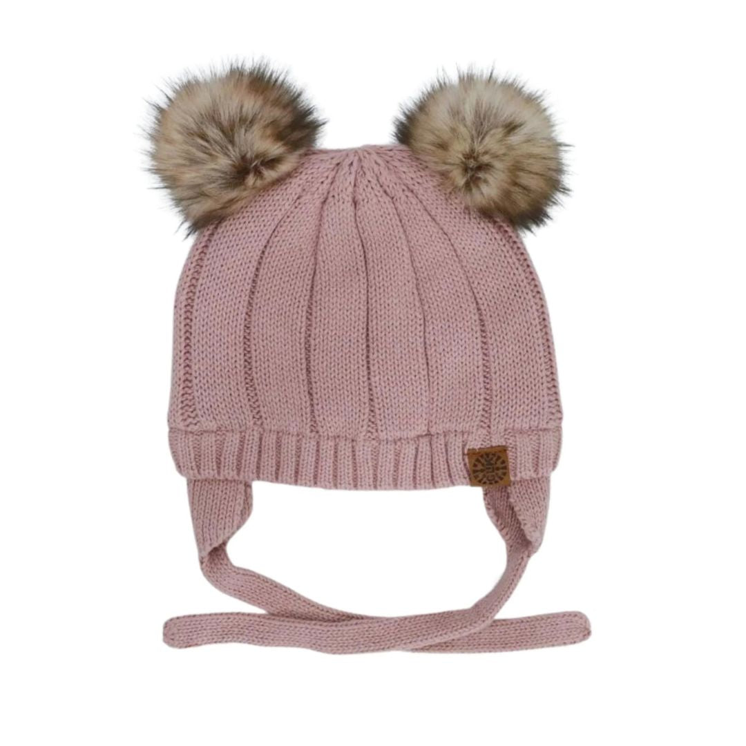 pink hat with two poms on top