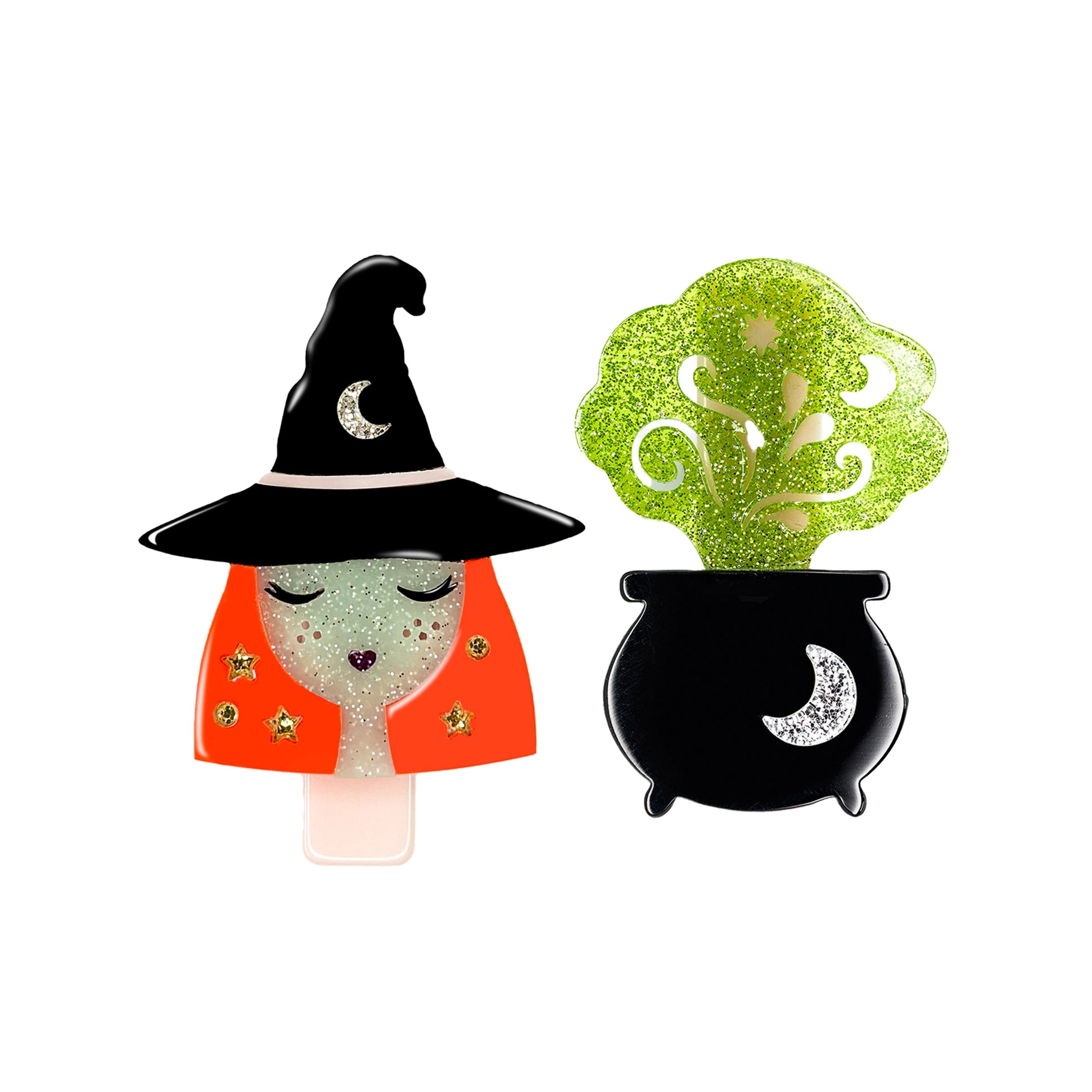 set of two hair clips one is a witch with red hair and one is a black cauldron with green steam coming out
