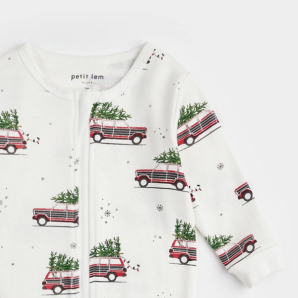 white footie with station wagons with Christmas trees on top