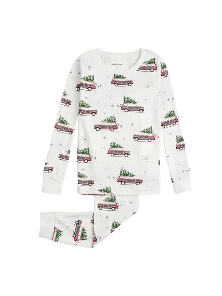 white pajamas with station wagons with christmas trees on top