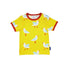 yellow shirt with seagulls all over and orangish reddish trim on sleeves and neckline