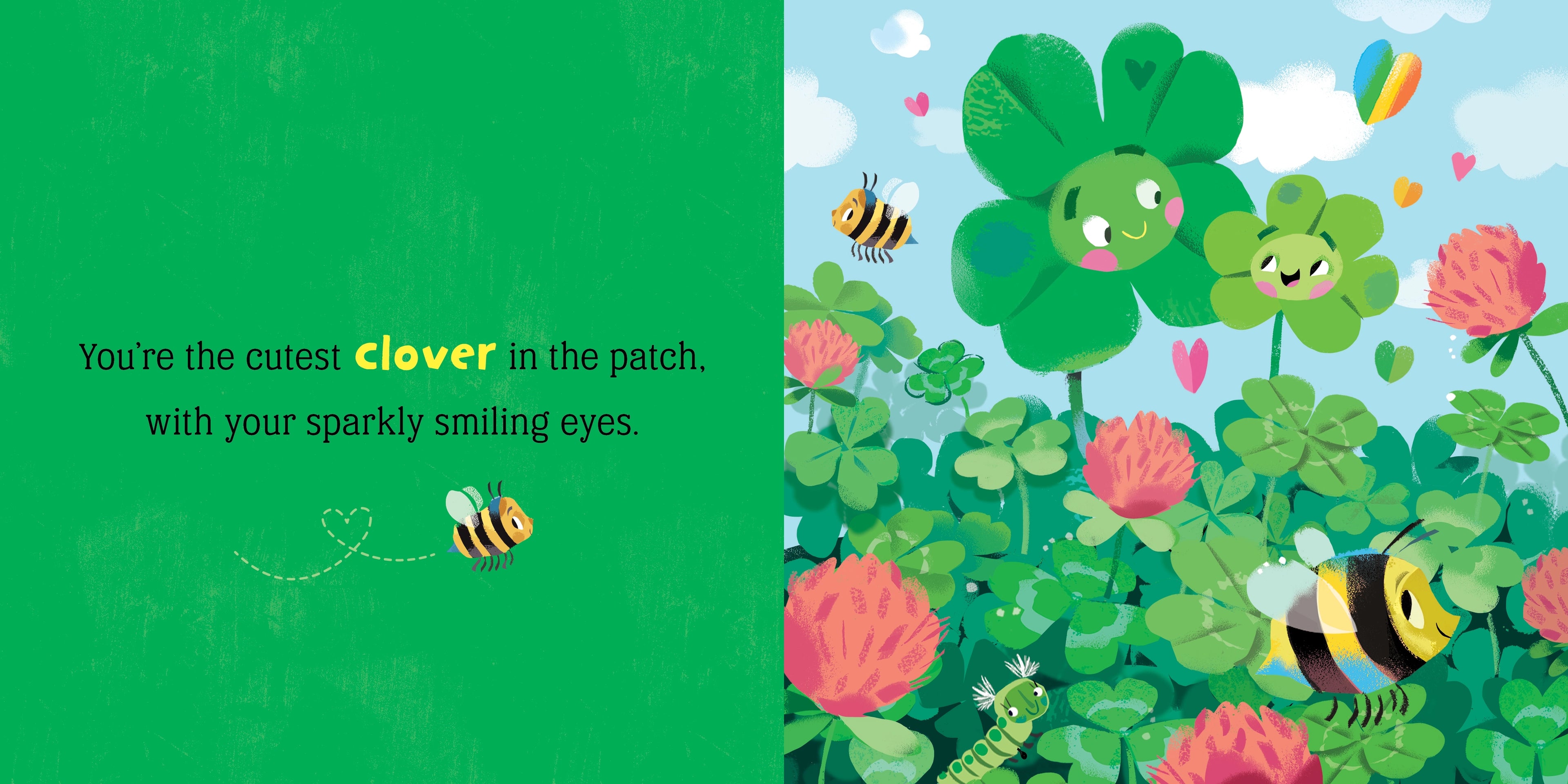 Illustration of a cartoon clover character with flowers and bees on a green background