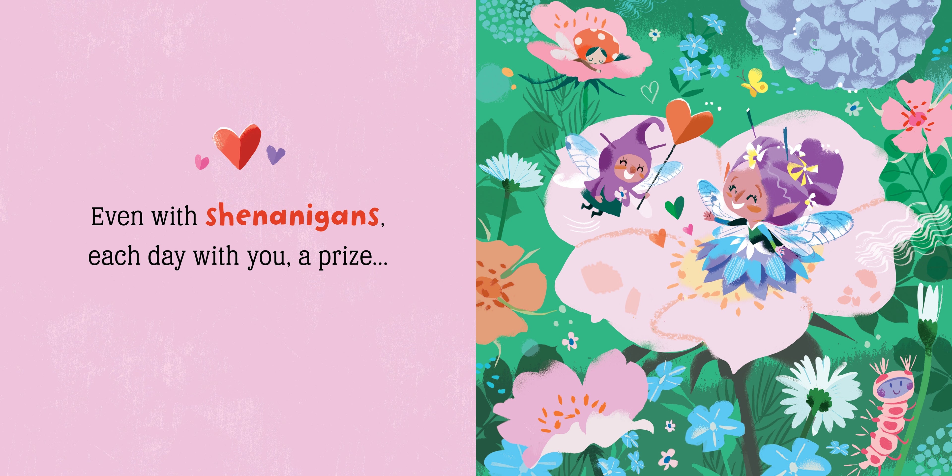 Illustration of fairies in a garden with flowers and text about shenanigans and prizes.