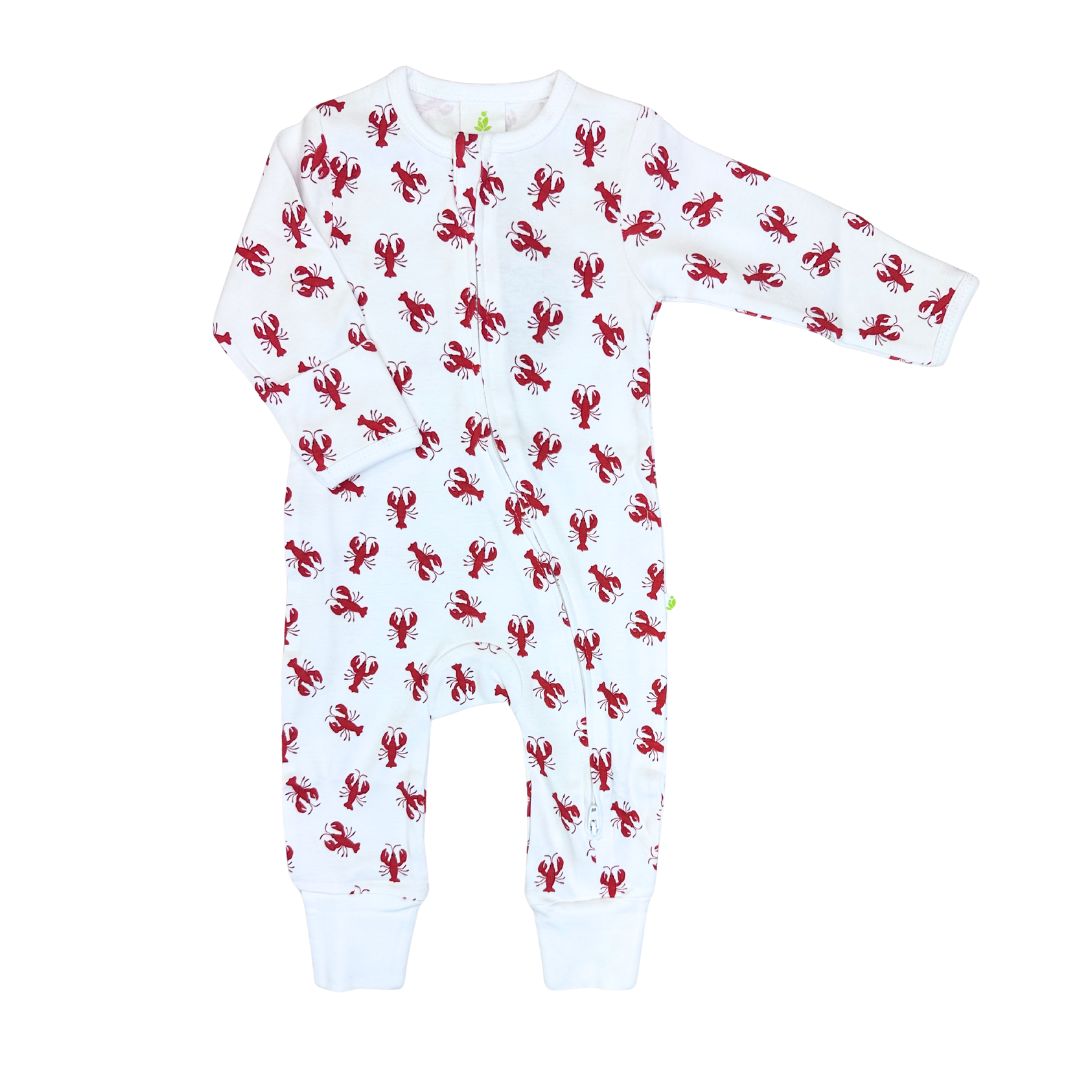 White onesie with red lobster pattern on a white background