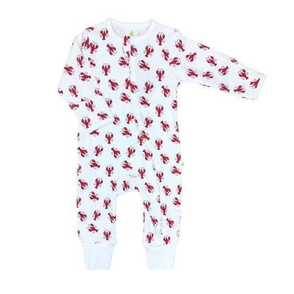 White onesie with red lobster pattern on a white background