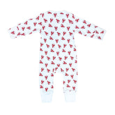 White baby onesie with red lobster pattern on a white background