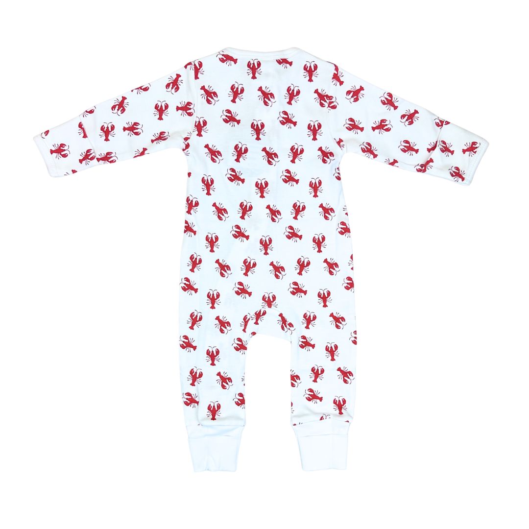 White baby onesie with red lobster pattern on a white background