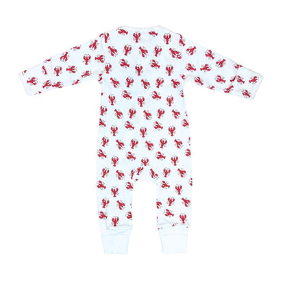White baby onesie with red lobster pattern on a white background