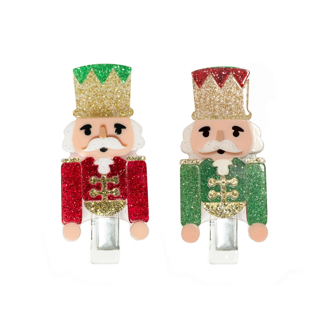 red and green glitter nutcracker plastic hair clips