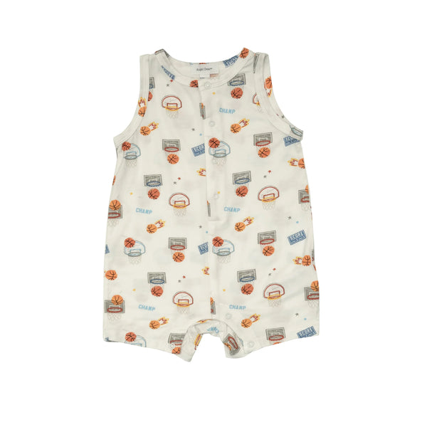 sleeveless romper with basketball hoops and basketballs all over