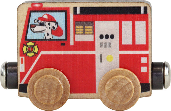 red fire engine with Dalmatian driving