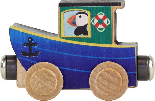 blue boat with puffin driving