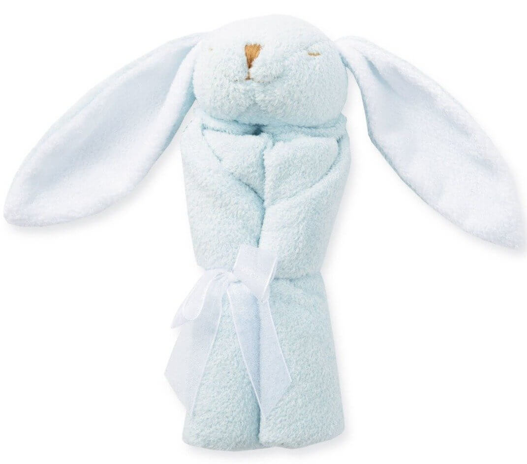 blue bunny blanket rolled up with white bow