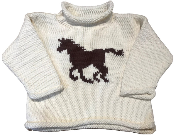 ivory roll neck sweater with dark brown horse knitted on front center