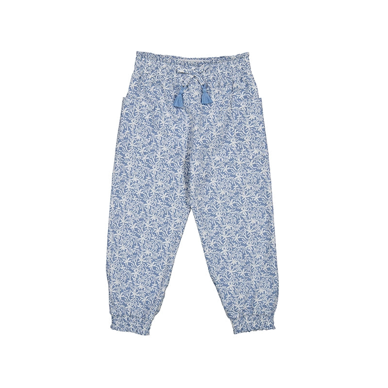 blue and white printed girls trousers